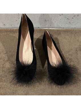 French Sole New York Black Suede Ballerina Flats w/ Ostrich Feather Accents-Sz 8